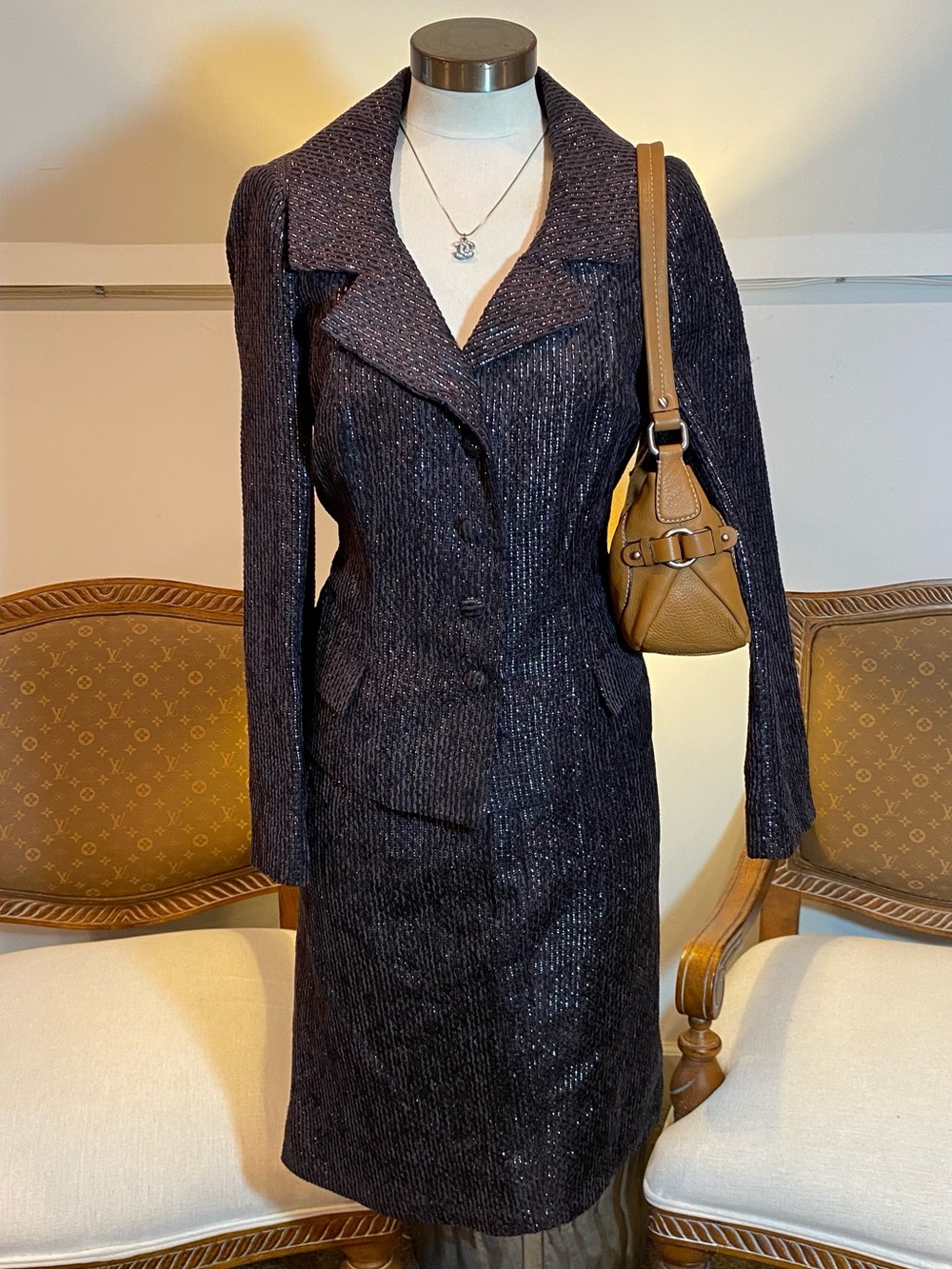Vintage 90s Peggy Jennings Purple Tweed Skirt Suit Set Size L